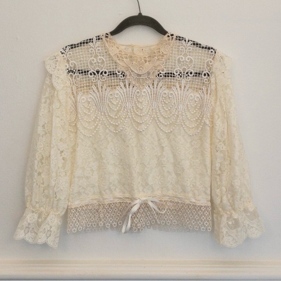 Vintage Ivory Lace Top Sheer Long Sleeve Victorian Style Blouse Boho Chic - Picture 7 of 7